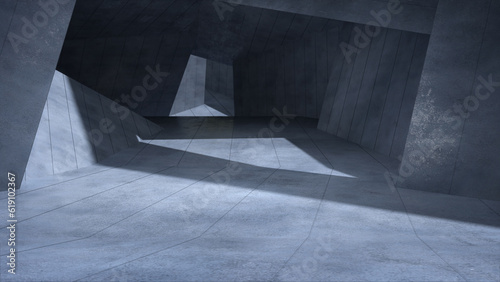 Empty futuristic tunnel wall room with light and shadow, 3D rendering.