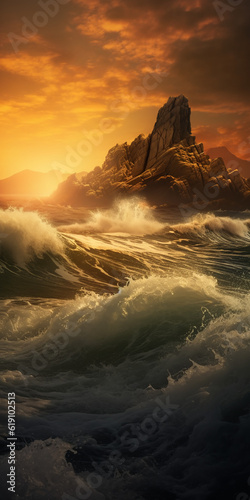 mountain landscape and sea surf in a beautiful place