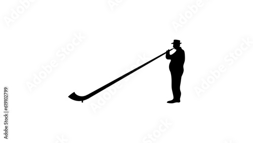 Alphorn Blower silhouette, Man Playing Traditional Alpine Horn