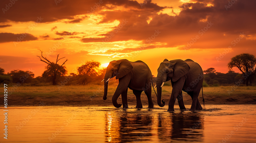 two elephants walk in the savannah in nature at sunset