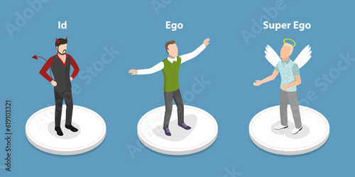 3D Isometric Flat Vector Conceptual Illustration of Id, Ego, And Superego, Psychology Models