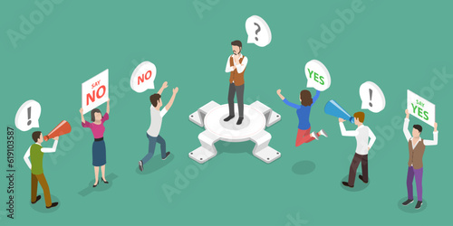 3D Isometric Flat Vector Conceptual Illustration of Persuasion, Positive or Negative Conviction