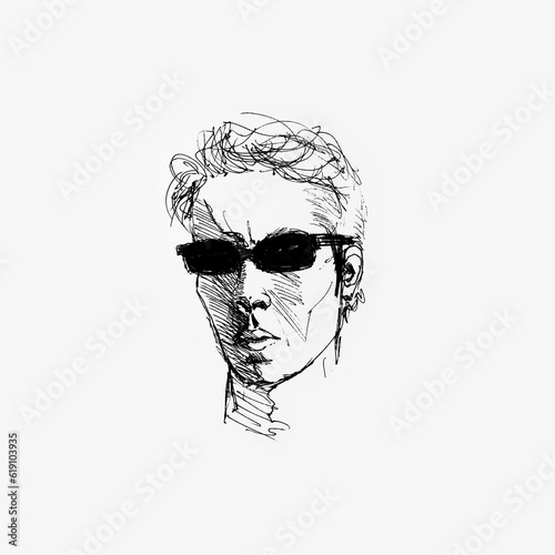 Portrait of young man wearing sunglasses. Drawing by hand with black ink on white paper. Black and white artwork.