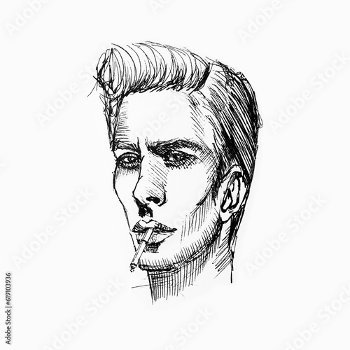 Portrait of young man smokes a cigarette. Drawing by hand with black ink on white paper. Black and white artwork.