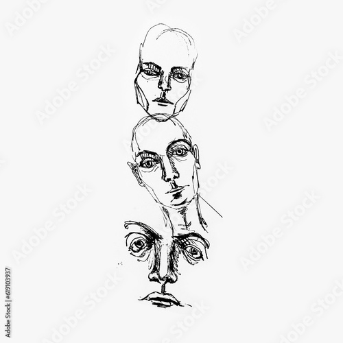 Many faces drawing by hand with black ink on white paper. Black and white artwork.