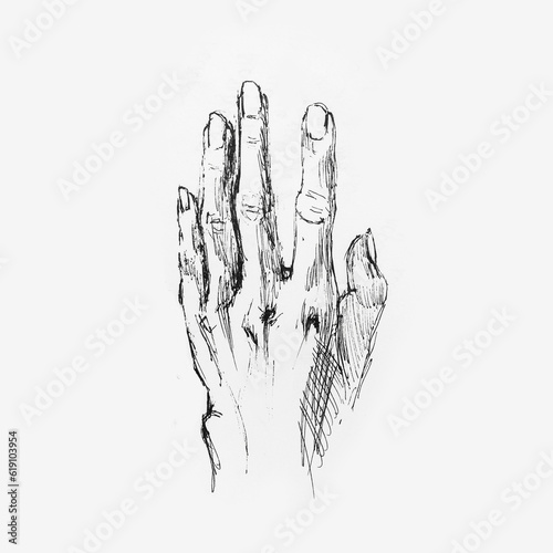 Close-up of female hand. Drawing by hand with black ink on white paper. Black and white artwork.
