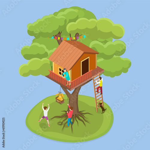 3D Isometric Flat Vector Conceptual Illustration of Treehouse, Home on Branches with Ladders