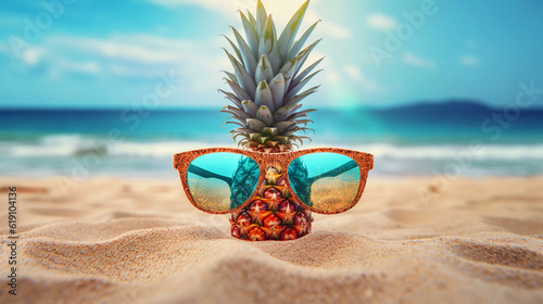 Pineapple in Sunglasses on the Sand at the Beach
