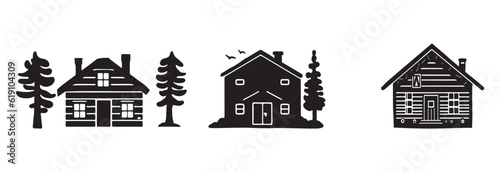 Set of log cabin and alpine fir tree vector illustrations. Masculine outdoor travel in nordic linocut chalet in Scandinavian holiday group