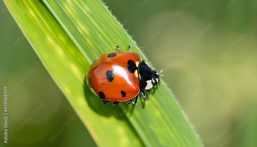 Closeup of Tiny Ladybug on a Fresh Green Blade of Grass