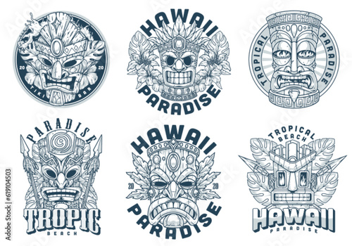 Hawaiian totems set emblems monochrome