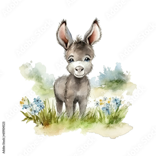 Watercolor cartoon little donkey. Happy farm animal illustration. Generative AI