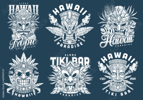 Hawaiian tiki masks set logotypes