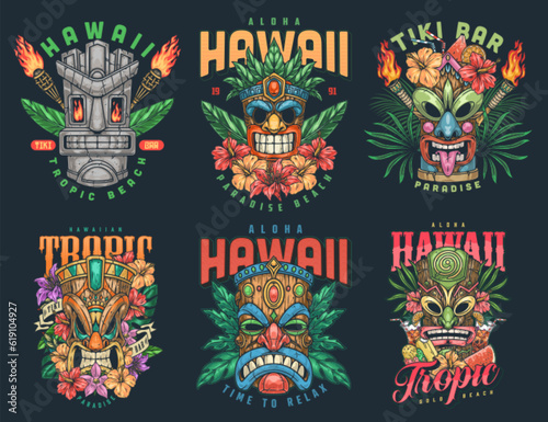 Hawaiian totems colorful set logotypes