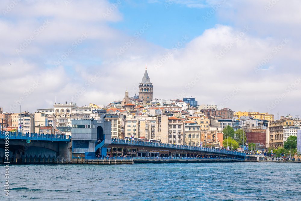 At the Galata Bridge, view to the Galata Tower, ship landing stage