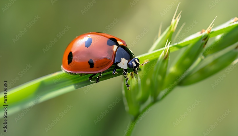 Obraz premium Adorable Ladybug Exploring the Green Blades of Grass