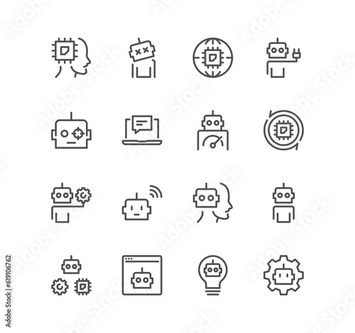 Set of artificial intelligence related icons, algorithm, self learning, face recognition and linear variety symbols. 