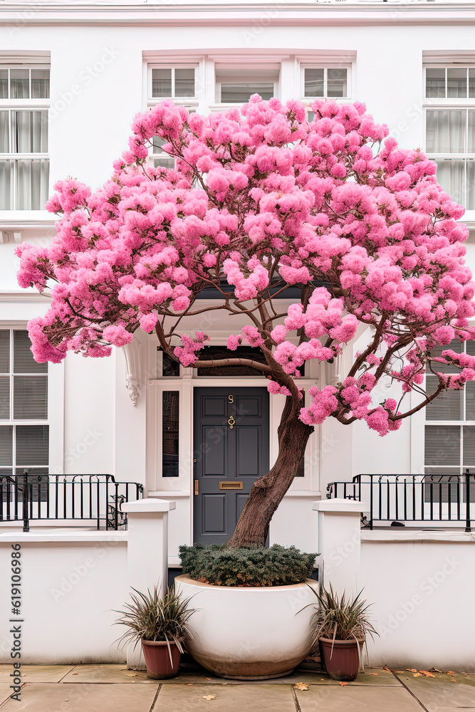 Fototapeta premium A tree with pink flowers in front of the white wall of the building. Generative AI