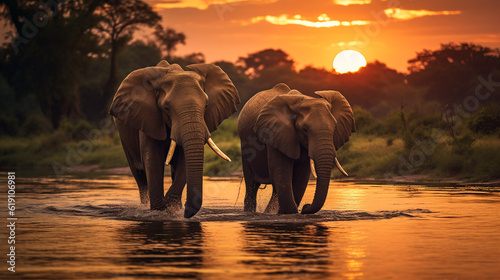 two elephants walk in the savannah in nature at sunset