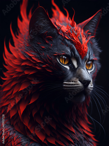 digital art of close up of red and black mystic cat like a phoenix - generative ai