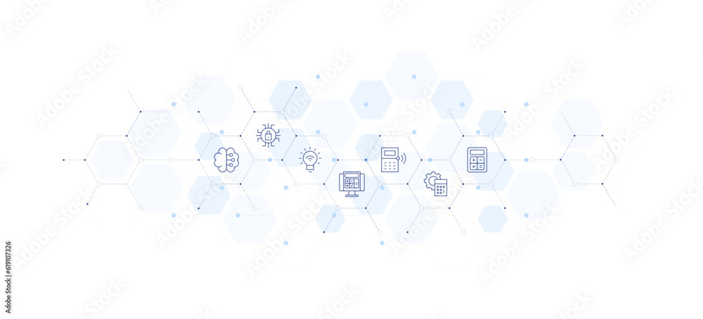 Technology banner vector illustration. Style of icon between. Containing brain, browser, bulb, calculator.