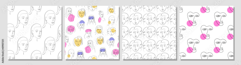 Set of woman diversity abstract seamless patterns. Contemporary line art. Female doodle faces. Woman power and sisterhood concept. Feminine equality. Background, wallpaper, digital paper, banner.