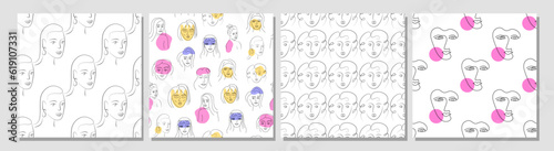 Set of woman diversity abstract seamless patterns. Contemporary line art. Female doodle faces. Woman power and sisterhood concept. Feminine equality. Background, wallpaper, digital paper, banner.