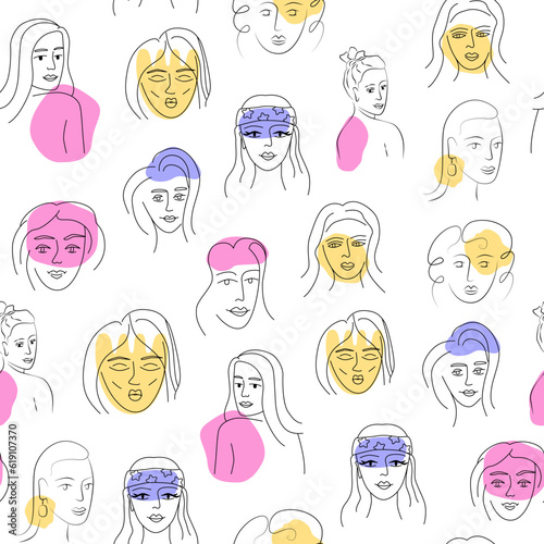 Woman diversity seamless pattern. Contemporary line art. Female doodle faces. Woman power and sisterhood concept. Feminine equality. Background, wallpaper, digital paper, banner.
