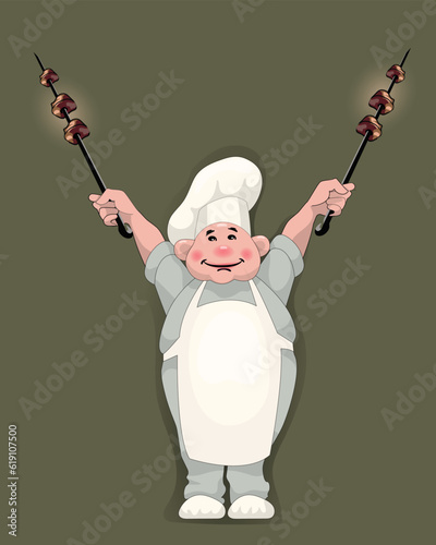 fat chef with delicious kebabs