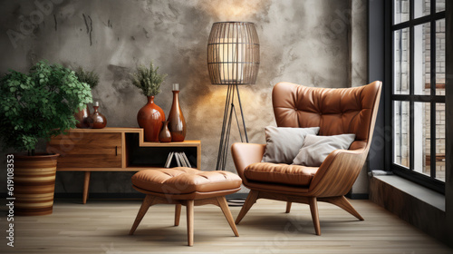 Armchair In Modern Loft Interior, Mockups Design 3D, High-quality Mockups, Generative Ai
