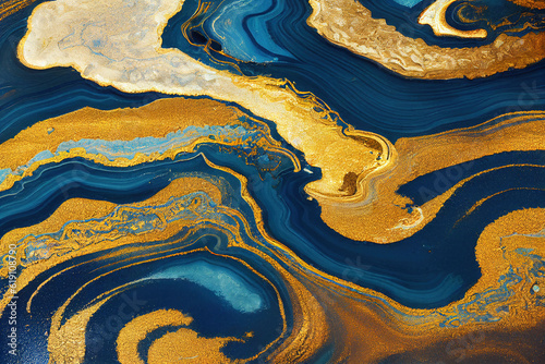 Blue and golden acrylic liquid ink swirl abstract background with ravishing turbulence wavy pattern and detailed texture. Luxury fluid liquid art by Generative AI.