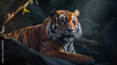 tiger on the rock HD 8K wallpaper Stock Photographic Image
