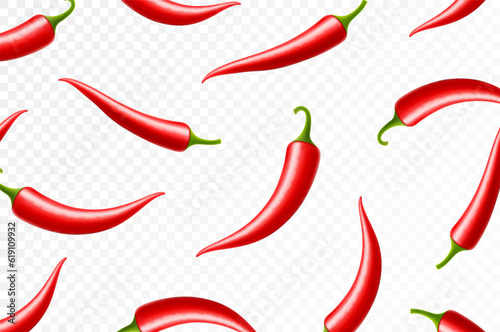 Flying or falling chili pepper isolated on transparent background. selective focus. Can be used for advertising, packaging, banner, poster, print. Realistic 3d vector design