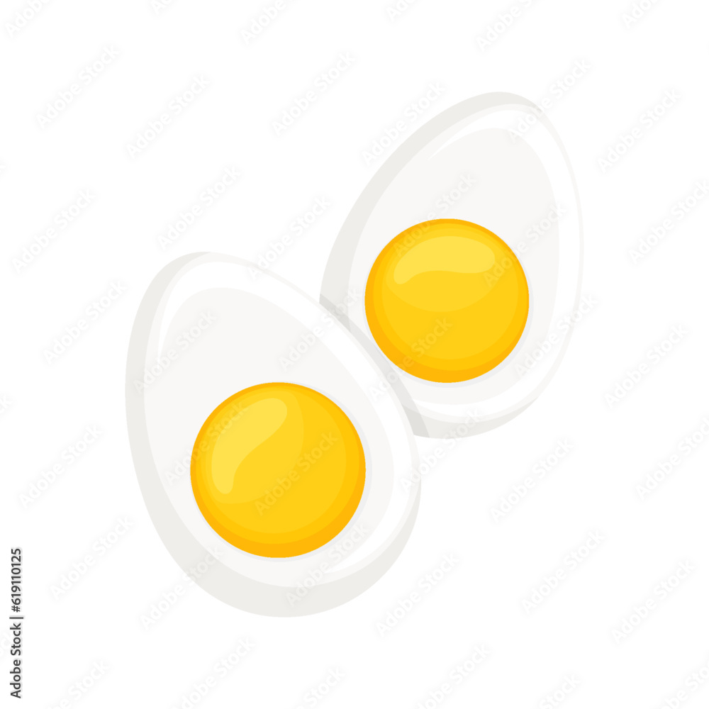 Two halves of hard boiled egg. Cooked egg isolated on white background , Quail or chicken egg. Flat cartoon design
