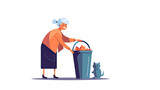 Illustration of senior Grandmother throwing trash in recycling bin green recycling container waste container on white background. Copy space. Zero waste concept. AI generated