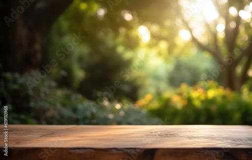 Wooden Table Top with Blurred Summer Garden with Flowers and Trees, Forest Bokeh Background. Banner with Empty Space for Product Display.