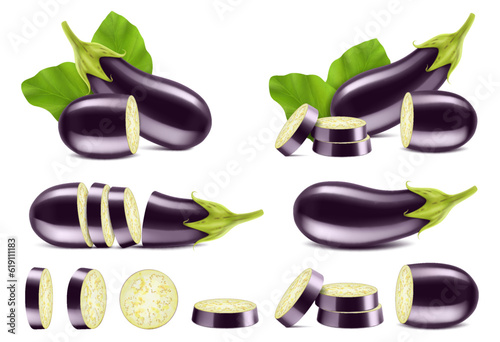 Raw eggplant set. Whole and sliced aubergine isolated on white background. Fresh eggplant with leaves. Vegetarian food. top view, flat lay. Realistic 3d vector illustration.