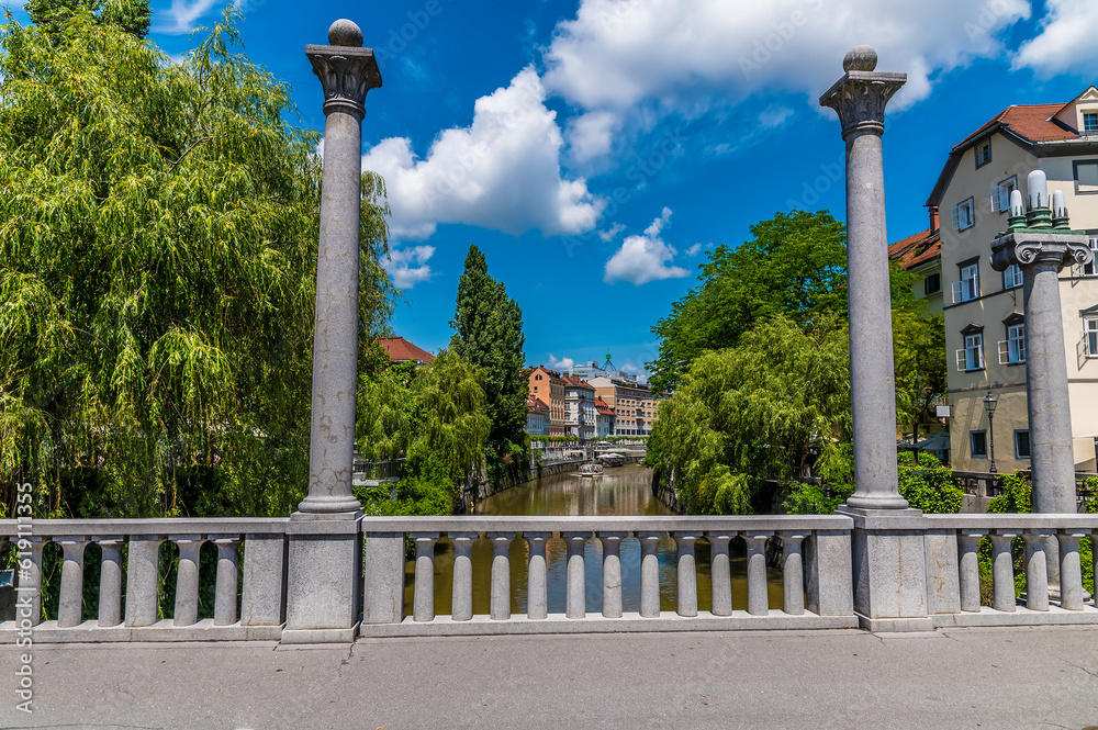 A view over the Shoemakers bridge towards the center of Ljubljana, Slovenia in summertime