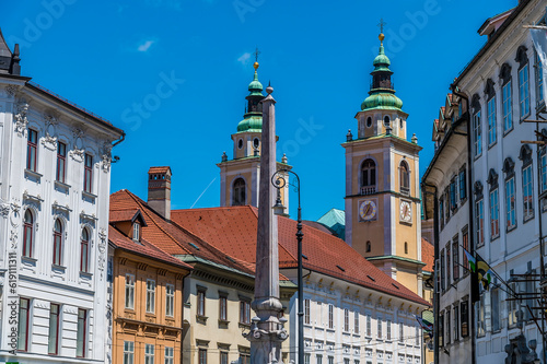 A view of Baroque buildings beside the River Ljubljanica in Ljubljana, Slovenia in summertime