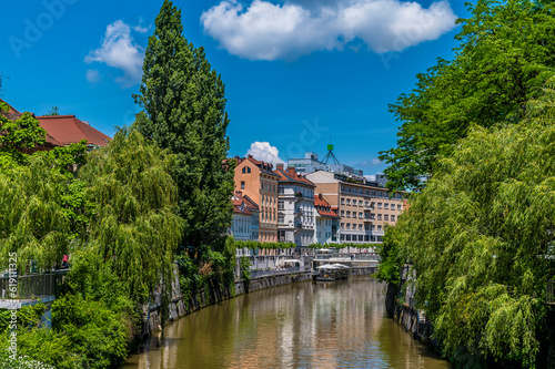 A view from the Shoemakers bridge down the River Ljubljanica in Ljubljana, Slovenia in summertime