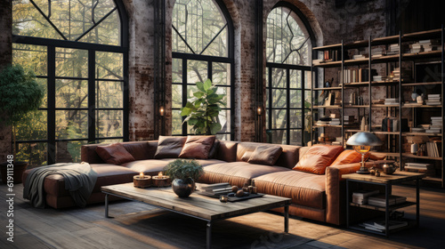 Living Room Interior in loft industrial style 3d, Mockups Design 3D, High-quality Mockups, Generative Ai