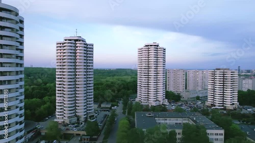 Residential area overlooking. Polish city of Katowice. Multi-storey buildings from above. photo