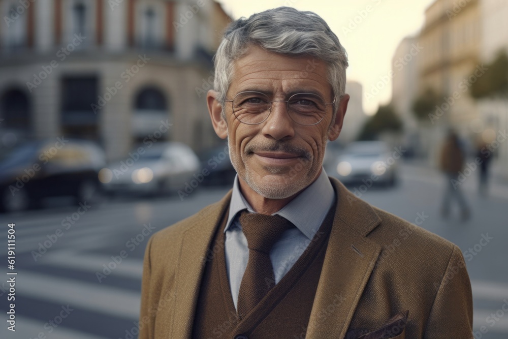 Smiling gray hair mature man in glasses looking at camera on city street outdoors. Generative AI Smiling gray hair mature man in glasses looking at camera on city street outdoors. Generative AI