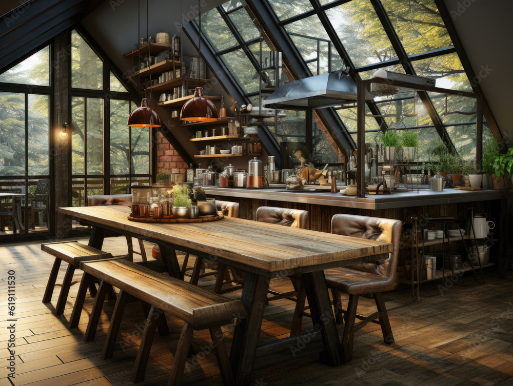 Loft Apartment kitchen interior industrial style 3d, Mockups Design 3D, High-quality Mockups, Generative Ai