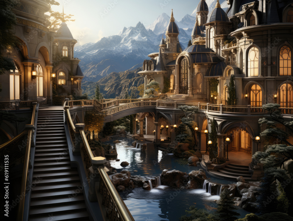 Luxury palace in mountains 3d, Mockups Design 3D, High-quality Mockups, Generative Ai