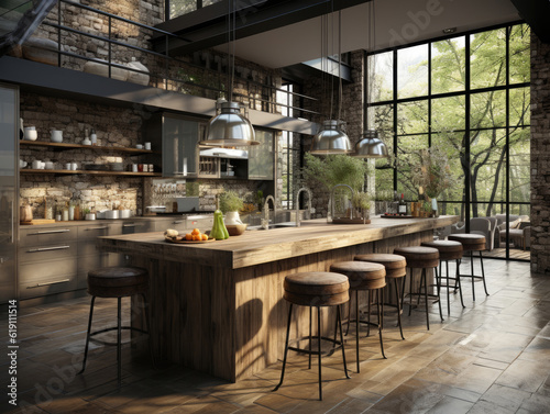 Loft apartment kitchen interior industrial style 3d  Mockups Design 3D  High-quality Mockups  Generative Ai