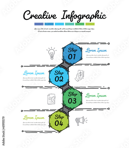Infographics hand drawn with 4 labels, Can be used for workflow layout, diagram, business step options. Doodle infographic vector.