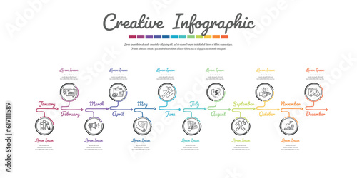 Presentation business, Infographic hand drawn for 12 months, 1 year,  Can be used for timeline, Doodle infographic vector.