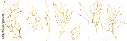 Botanical line art silhouette golden leaves, Golden Linear floral Leaves Set. Vector Gold luxury line collection. Hand drawn vector illustration in linear style, graphic clipart for wedding invitation #619111733
