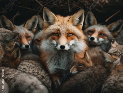 A group of foxes standing next to each other. Generative AI image. © Alexandr